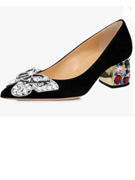 YDN Shoes - YDN Black Suede Butterfly Pointed Toe Bow Pumps Block Low Heel Dance Shoes
